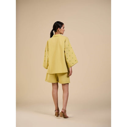 ORIGANI Lime Yellow Embroidered Sleeves Shirt