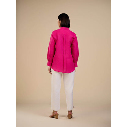 ORIGANI Pink Blooming Rose Embroidered Shirt