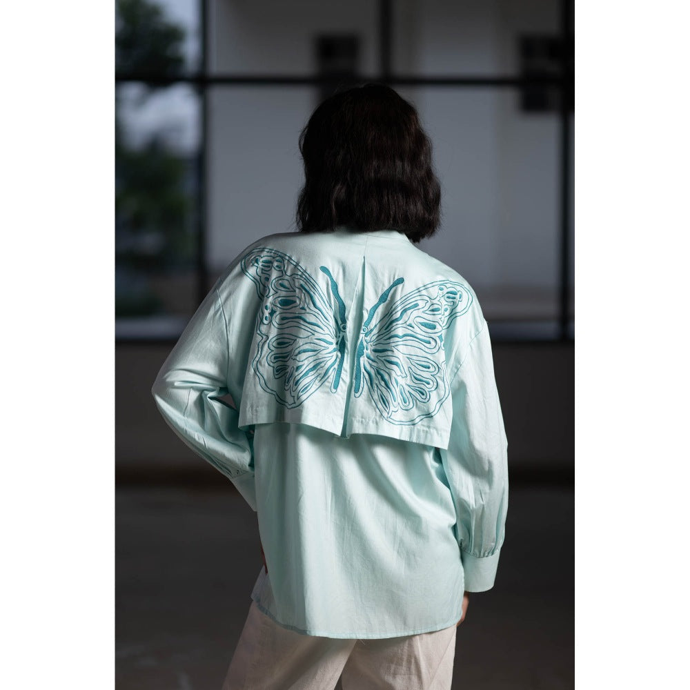 ORIGANI Aqua Winged Embroidered Shirt