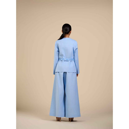 ORIGANI Blue Rose Embroidered Blazer with Belt (Set of 2)