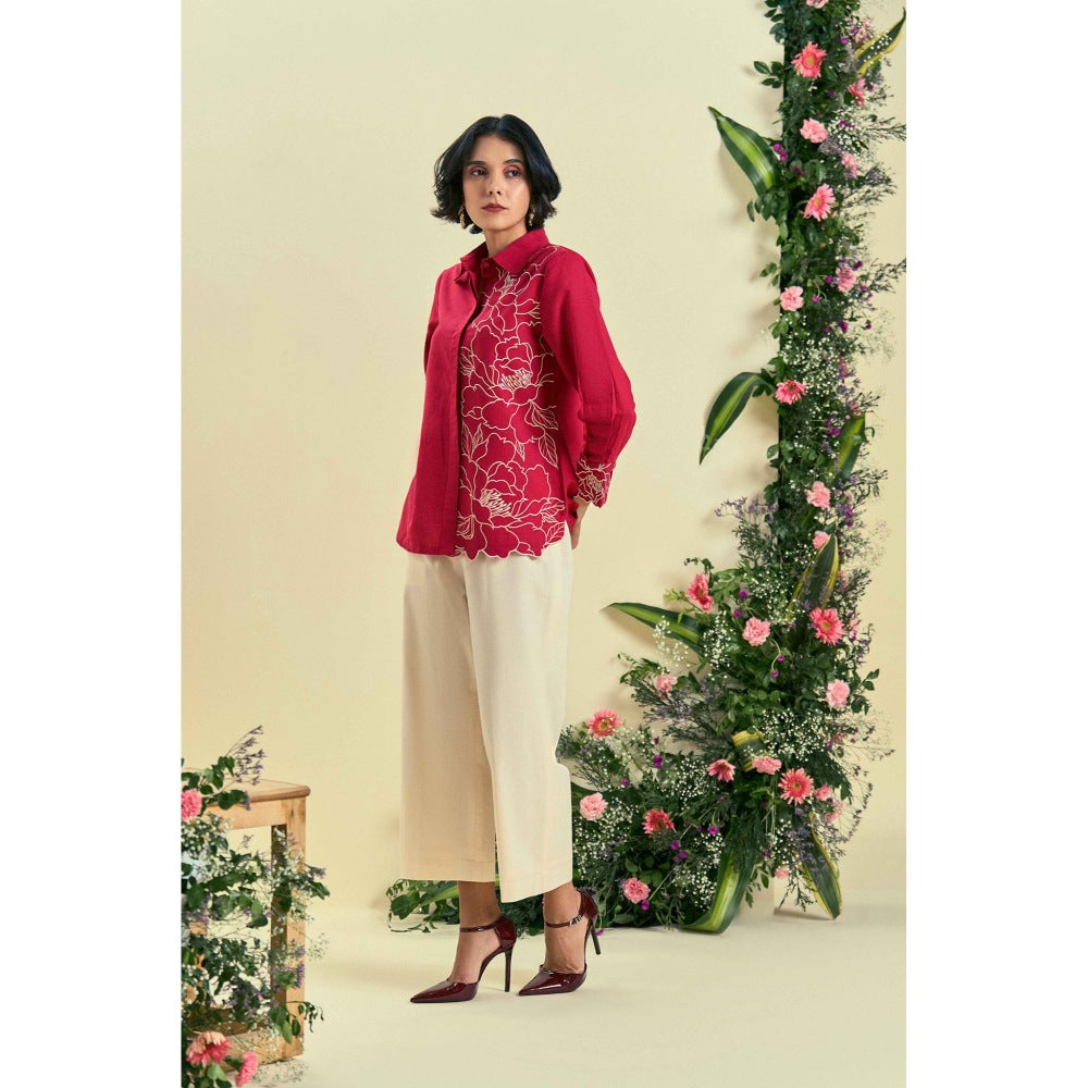ORIGANI Women Red Embroidered Regular Fit Co-Ord (Set of 2)