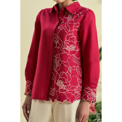ORIGANI Women Red Embroidered Regular Fit Co-Ord (Set of 2)