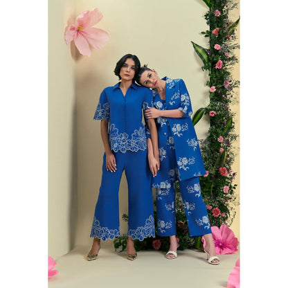 ORIGANI Women Blue Embroidered Regular Fit Co-Ord (Set of 2)