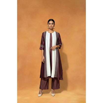 ORIGANI Multi-Color Chanderi Silk Round Neck Stripes Kurta with Pant and Jacket