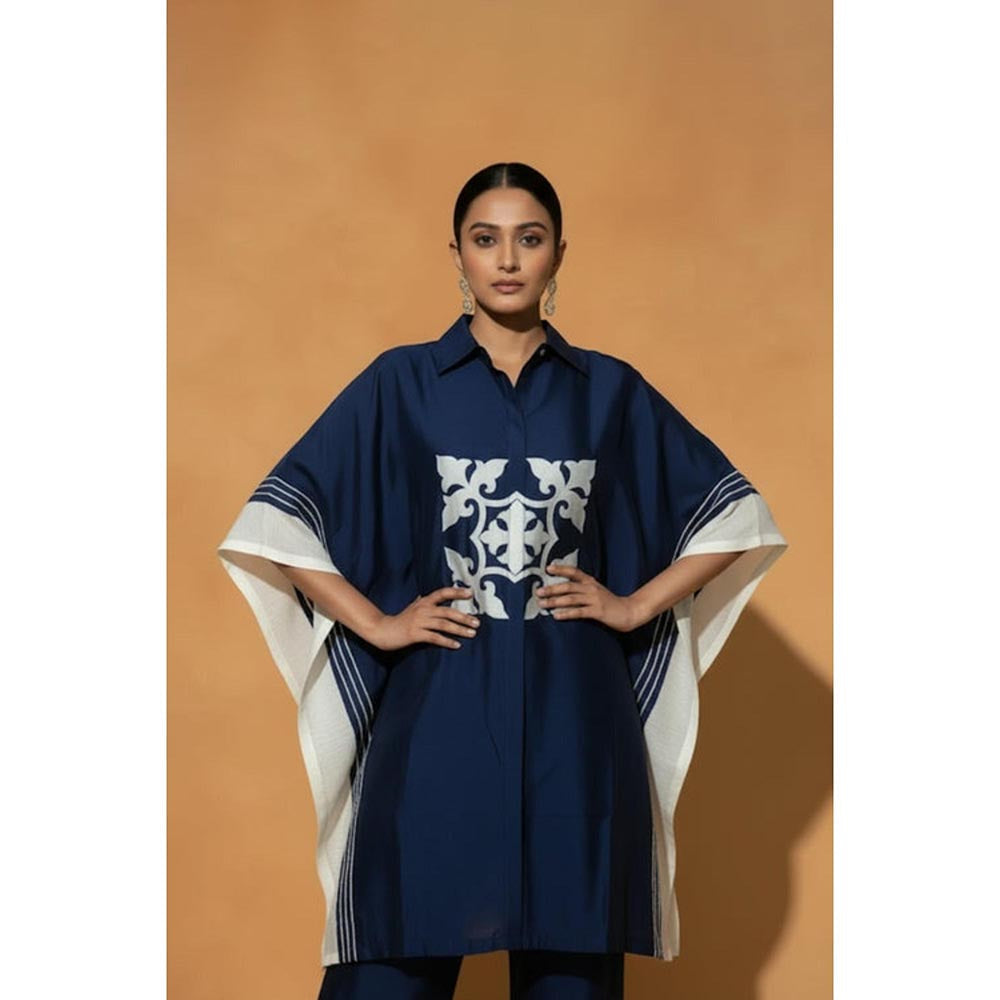 ORIGANI Navy Blue Chanderi Silk Collar Neck Printed Kaftan with Pant