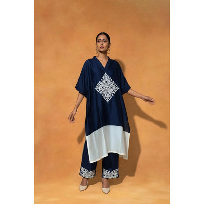 ORIGANI Navy Blue Chanderi Silk V-Neck Floral Kaftan with Pant