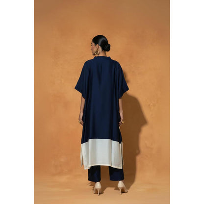 ORIGANI Navy Blue Chanderi Silk V-Neck Floral Kaftan with Pant