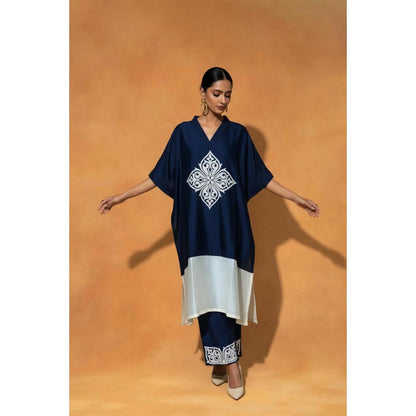 ORIGANI Navy Blue Chanderi Silk V-Neck Floral Kaftan with Pant