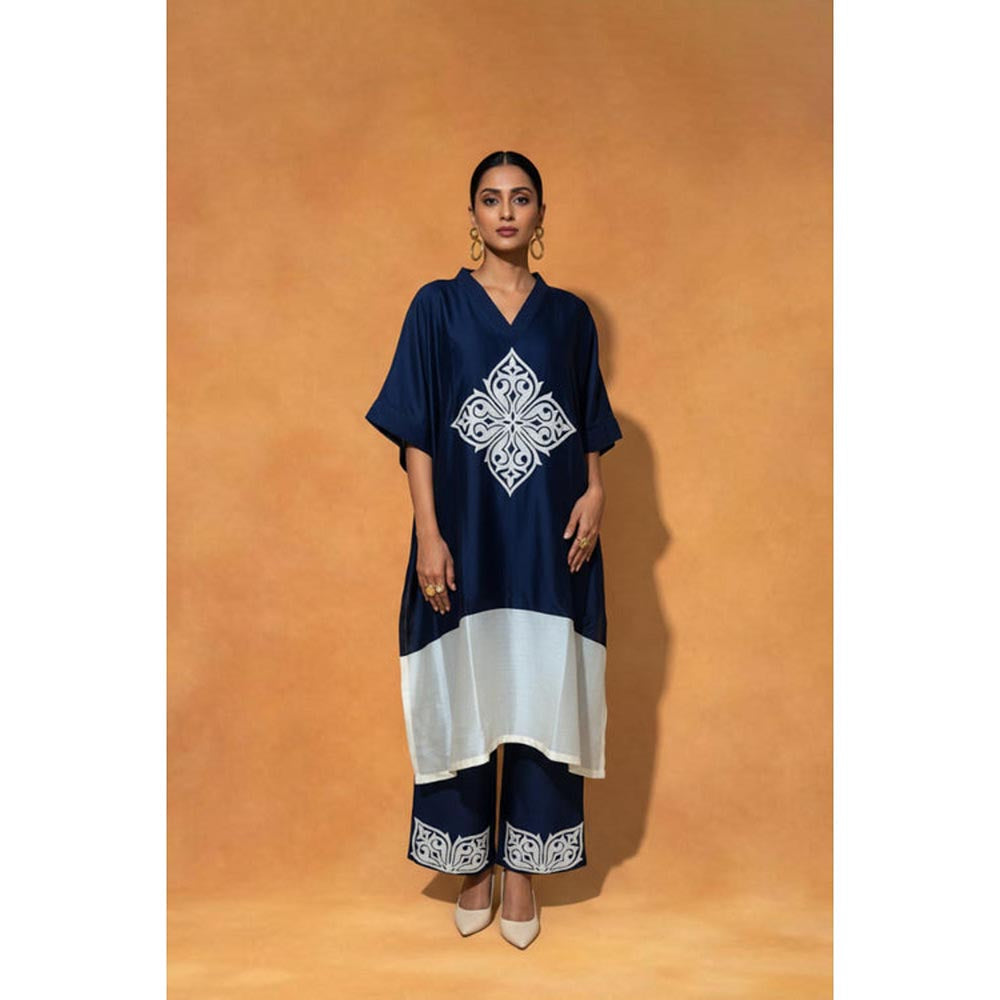 ORIGANI Navy Blue Chanderi Silk V-Neck Floral Kaftan with Pant