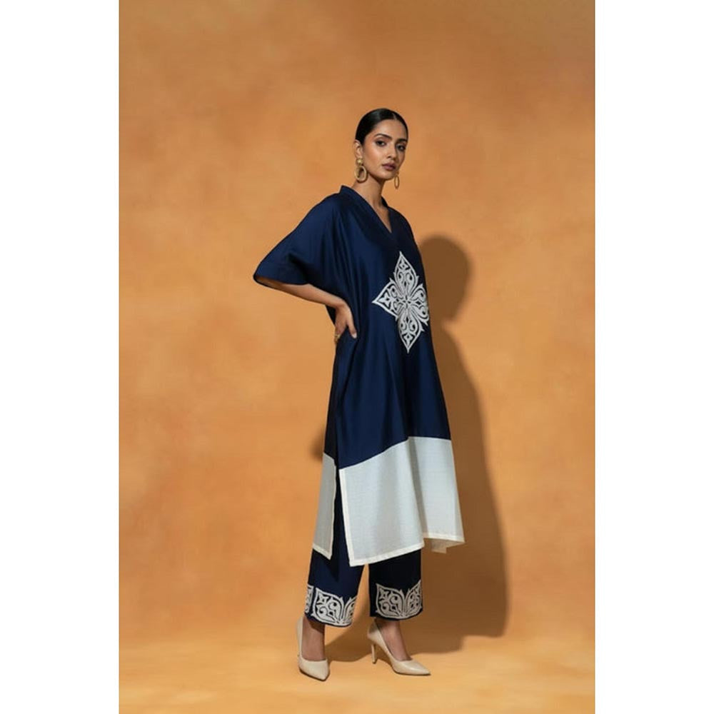 ORIGANI Navy Blue Chanderi Silk V-Neck Floral Kaftan with Pant