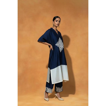 ORIGANI Navy Blue Chanderi Silk V-Neck Floral Kaftan with Pant