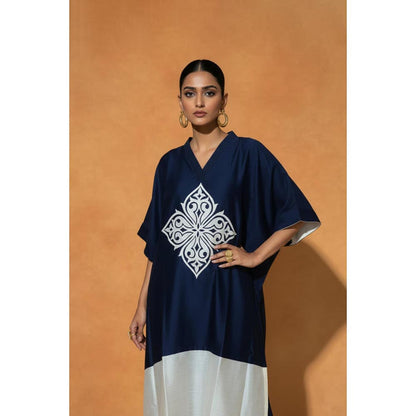 ORIGANI Navy Blue Chanderi Silk V-Neck Floral Kaftan with Pant