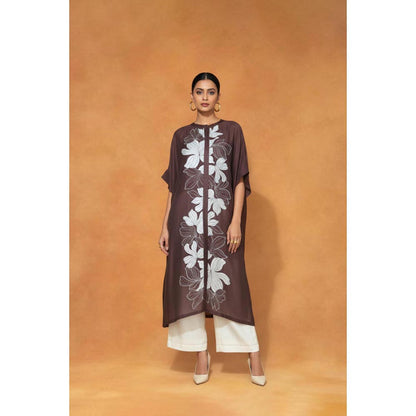 ORIGANI Brown Chanderi Silk Round Neck Embroidered Kaftan with Palazzo