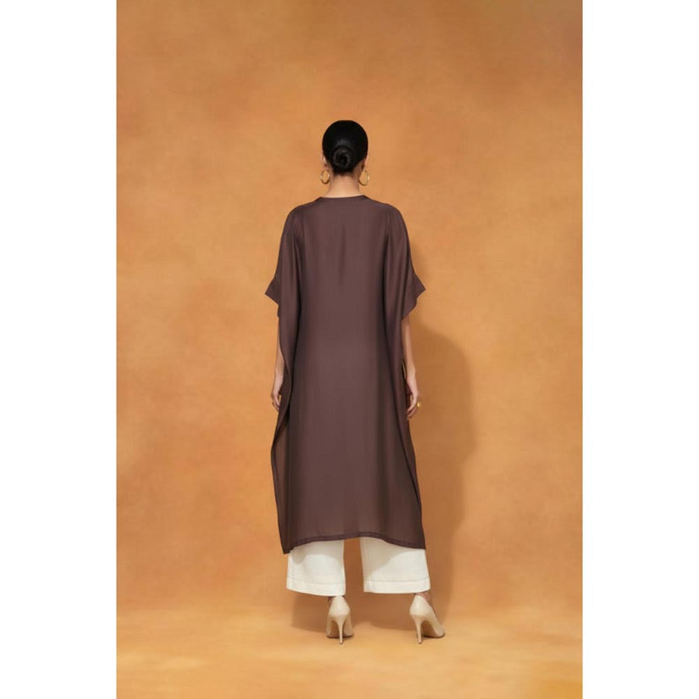 ORIGANI Brown Chanderi Silk Round Neck Embroidered Kaftan with Palazzo