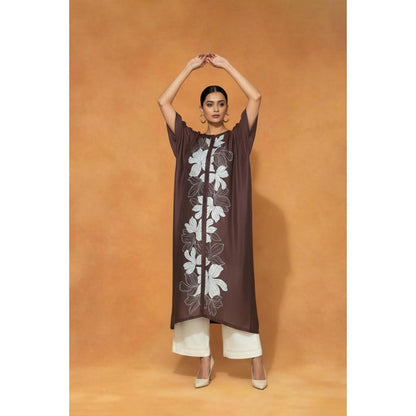 ORIGANI Brown Chanderi Silk Round Neck Embroidered Kaftan with Palazzo