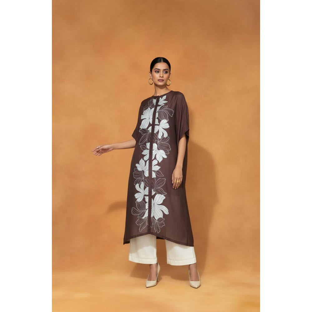 ORIGANI Brown Chanderi Silk Round Neck Embroidered Kaftan with Palazzo