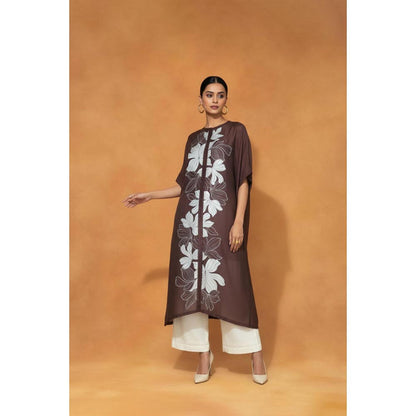 ORIGANI Brown Chanderi Silk Round Neck Embroidered Kaftan with Palazzo