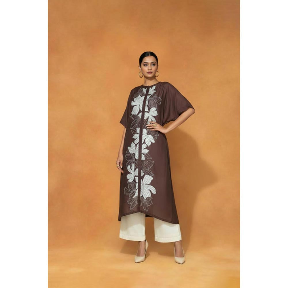 ORIGANI Brown Chanderi Silk Round Neck Embroidered Kaftan with Palazzo
