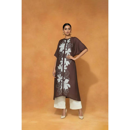 ORIGANI Brown Chanderi Silk Round Neck Embroidered Kaftan with Palazzo