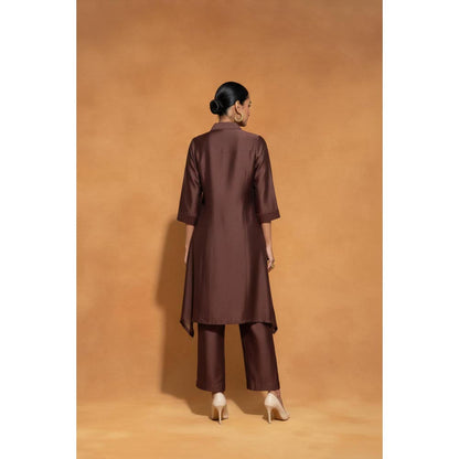 ORIGANI Brown Chanderi Silk Collar Neck Embroidered Kurta with Pant