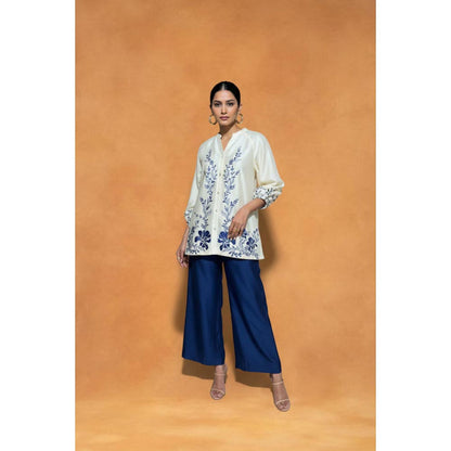ORIGANI Multi-Color Chanderi Silk Mandarin Neck Embroidered Kurta with Palazzo
