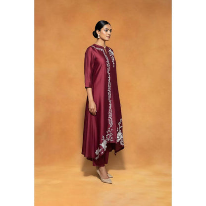 ORIGANI Maroon Chanderi Silk Mandarin Neck Embroidered Kurta with Pant