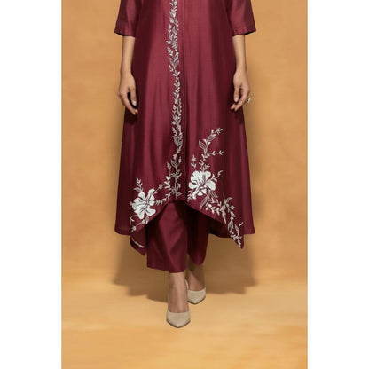 ORIGANI Maroon Chanderi Silk Mandarin Neck Embroidered Kurta with Pant