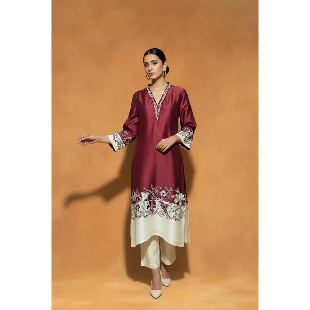 ORIGANI Multi-Color Chanderi Silk V-Neck Floral Kurta with Pant
