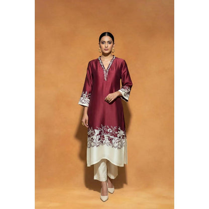 ORIGANI Multi-Color Chanderi Silk V-Neck Floral Kurta with Pant