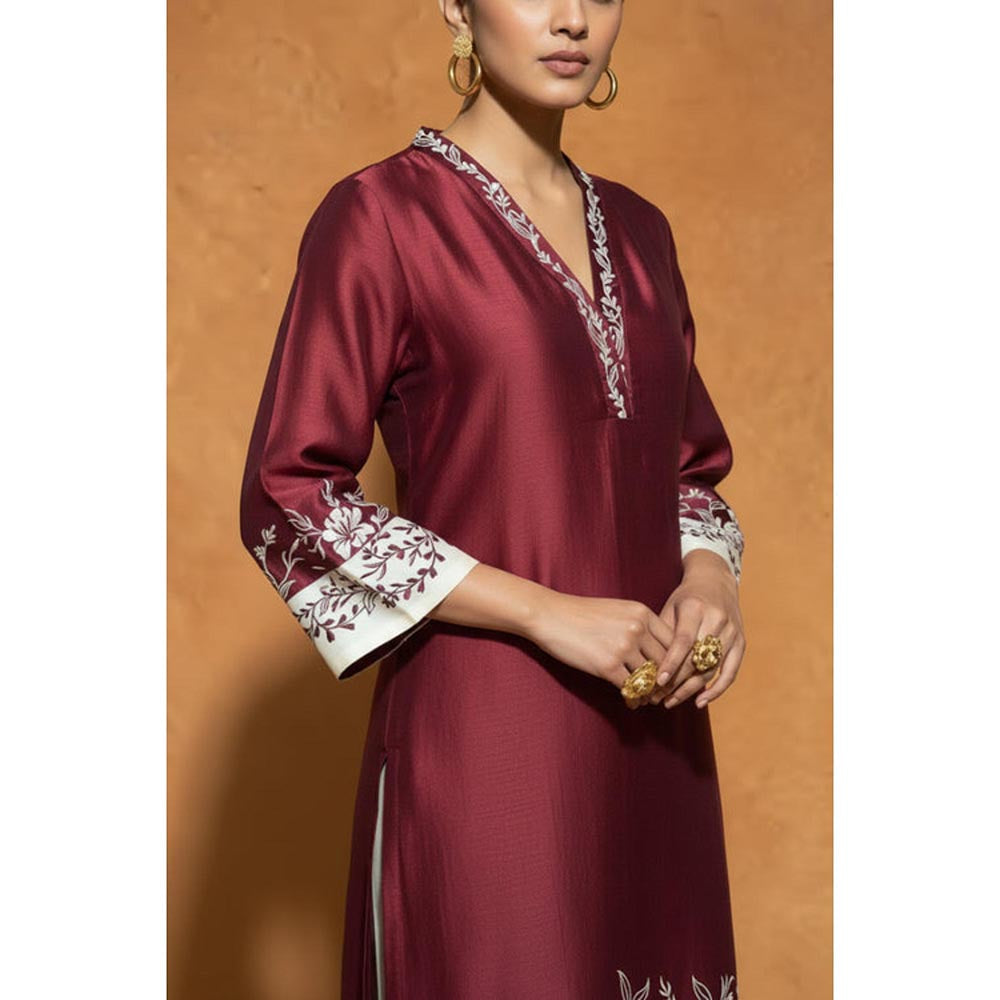 ORIGANI Multi-Color Chanderi Silk V-Neck Floral Kurta with Pant