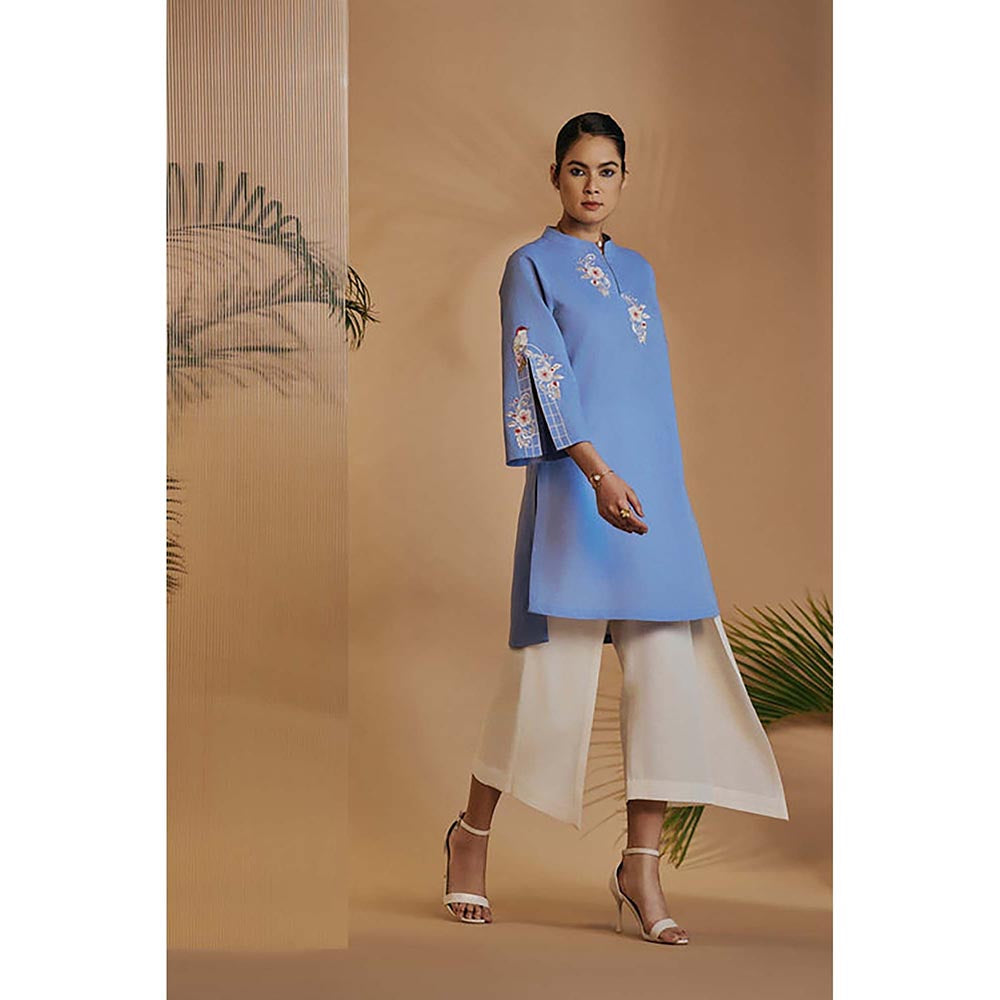ORIGANI Blue Origani Linen Blend Mandarin Neck Embroidered Co-Ord Set