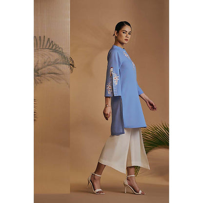 ORIGANI Blue Origani Linen Blend Mandarin Neck Embroidered Co-Ord Set