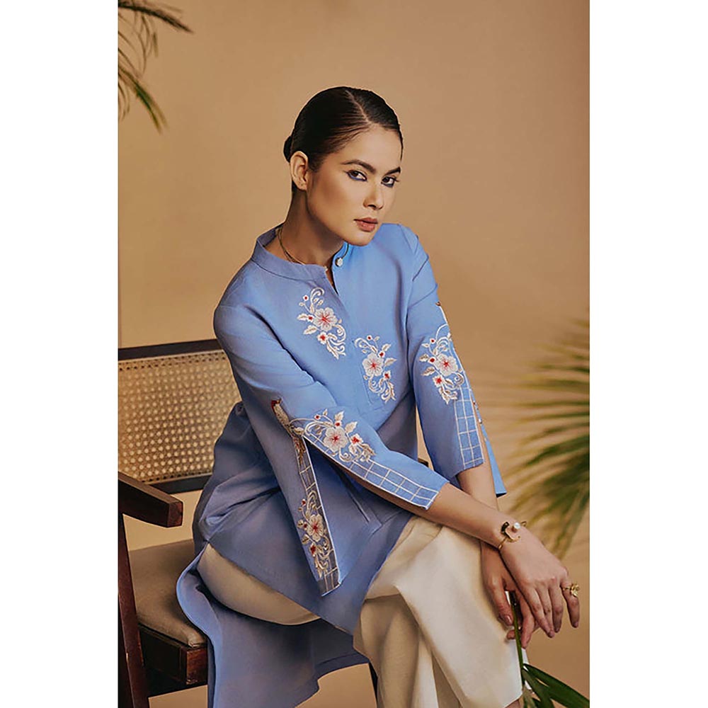 ORIGANI Blue Origani Linen Blend Mandarin Neck Embroidered Co-Ord Set