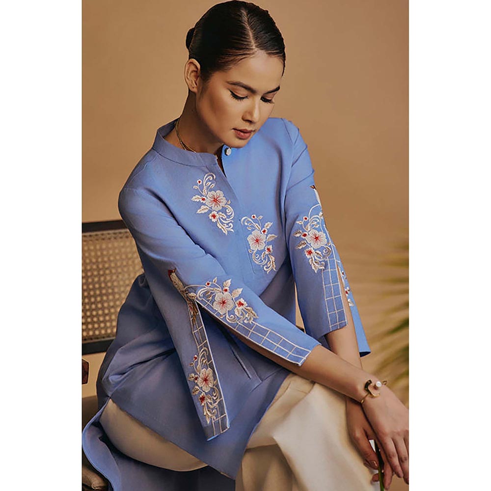ORIGANI Blue Origani Linen Blend Mandarin Neck Embroidered Co-Ord Set