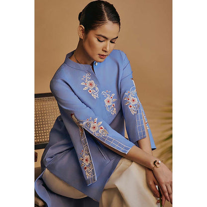 ORIGANI Blue Origani Linen Blend Mandarin Neck Embroidered Co-Ord Set