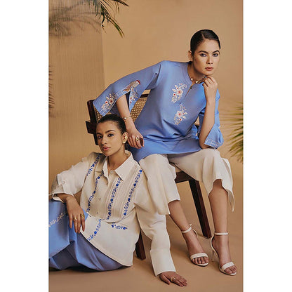 ORIGANI Blue Origani Linen Blend Mandarin Neck Embroidered Co-Ord Set