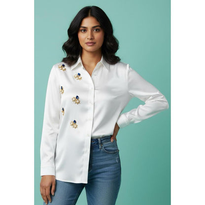 ORNAMAAS Guldasta White Embellished Satin Shirt
