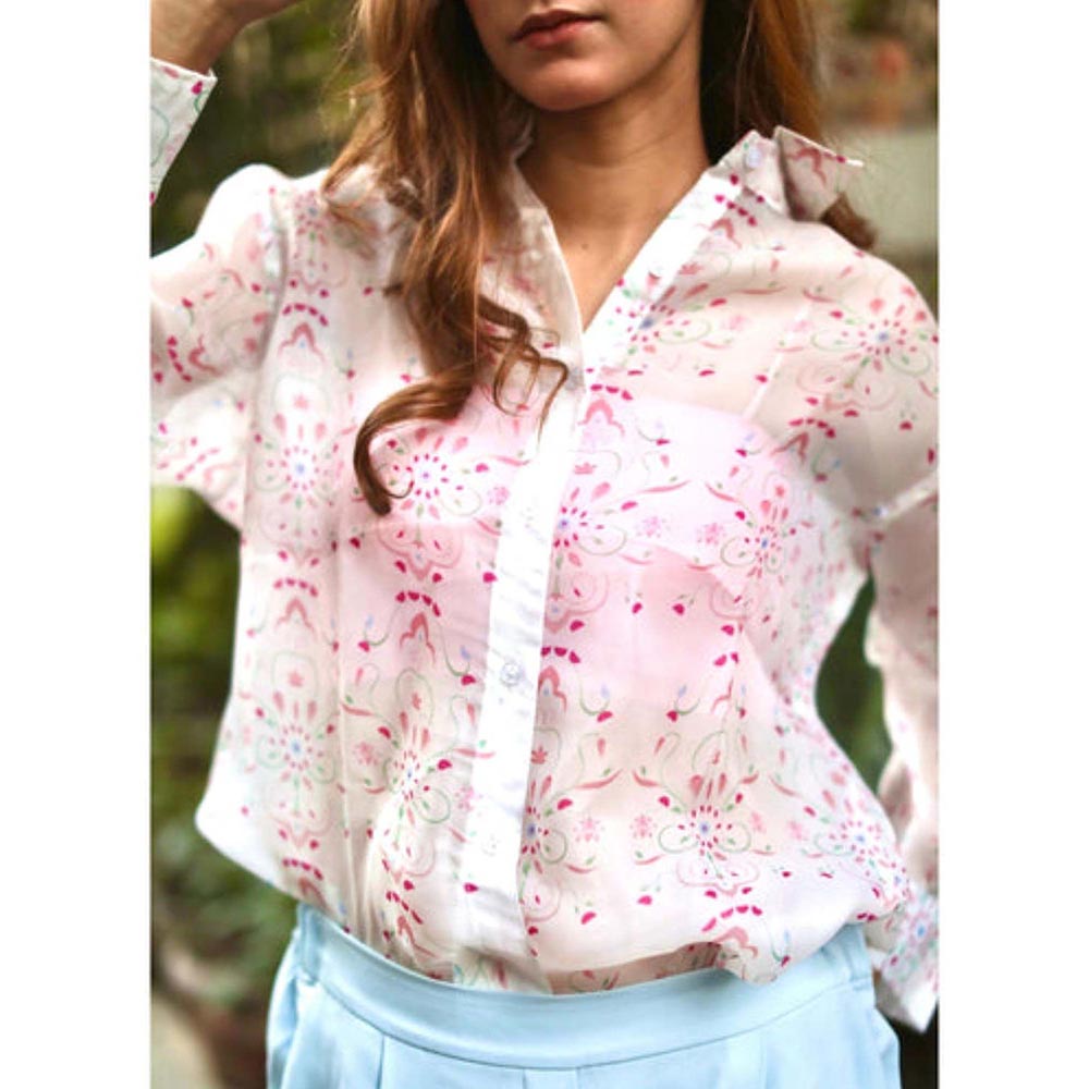 ORNAMAAS Sukoon Kamal White Organza Printed Shirt