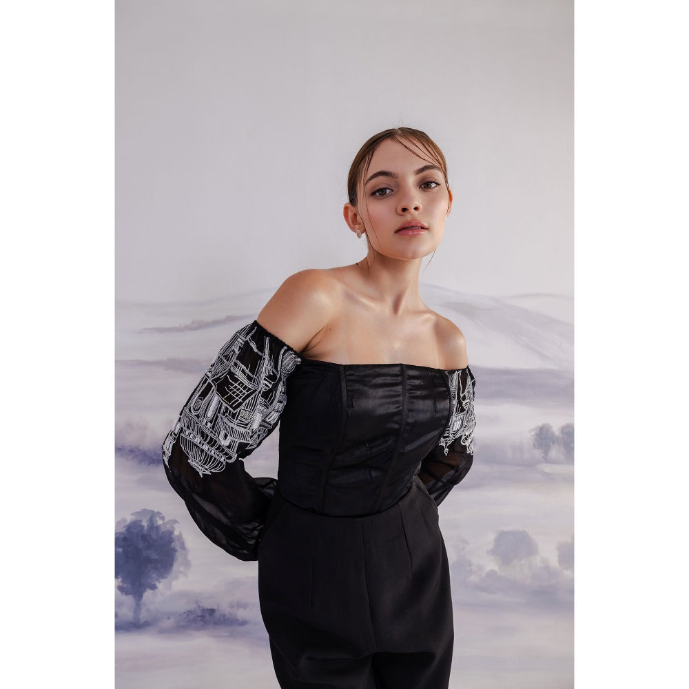 Orthodox Black Off-Shoulder Satin Corset Pearl Cuffs-Top