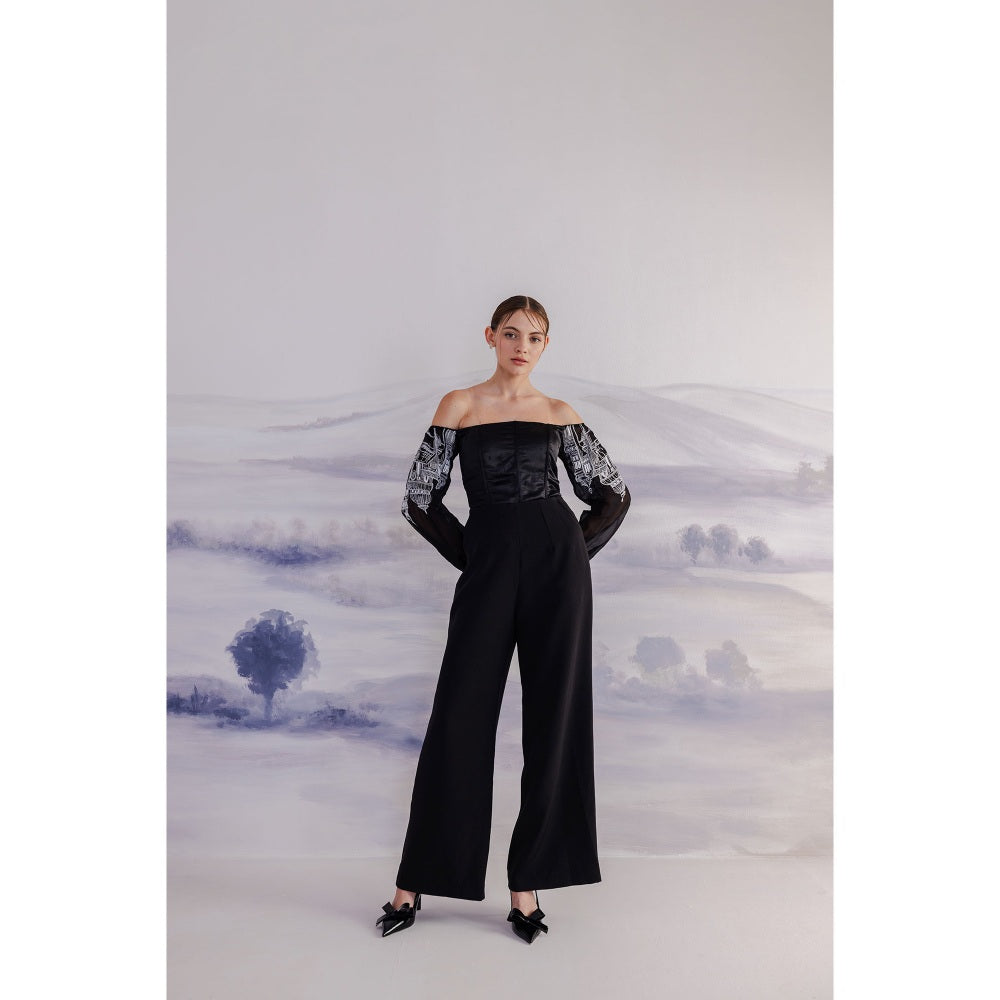 Orthodox Black Off-Shoulder Satin Corset Pearl Cuffs-Top
