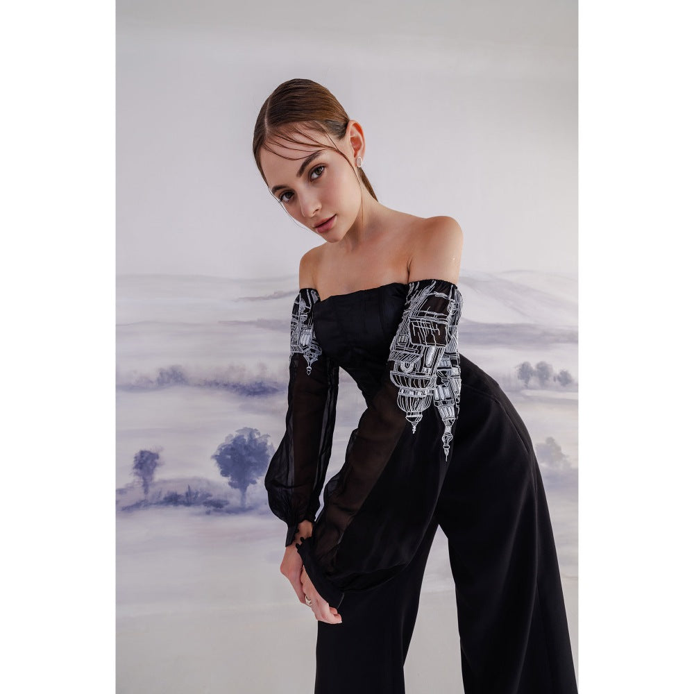 Orthodox Black Off-Shoulder Satin Corset Pearl Cuffs-Top