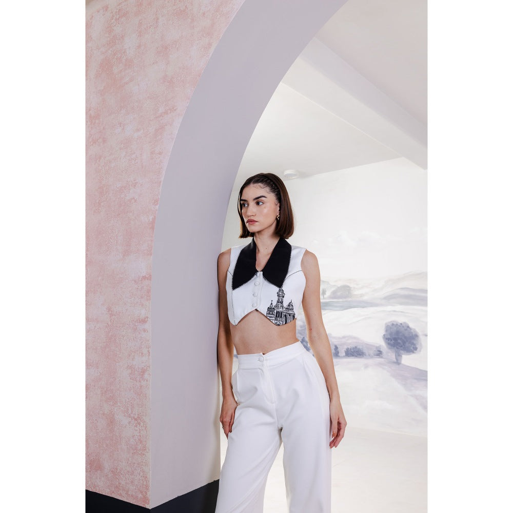 Orthodox White Black Chalice Collar Banana Crepe Vest Top