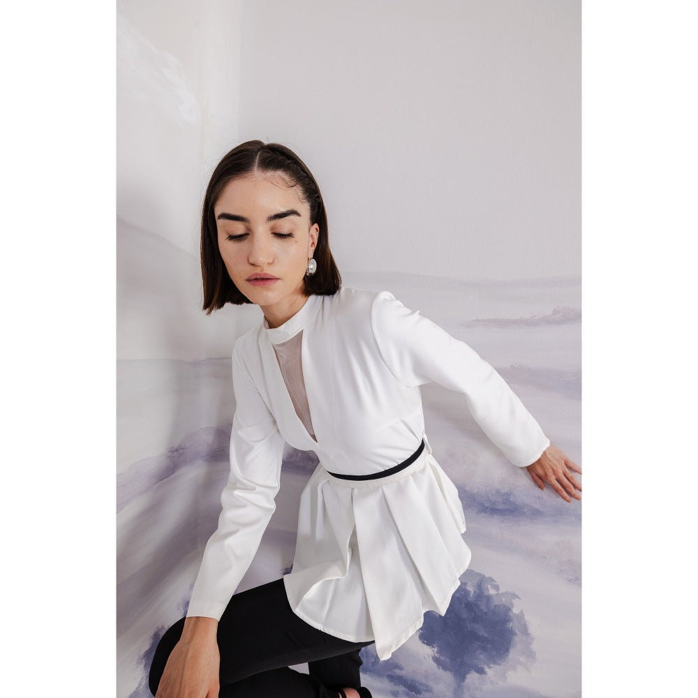 Orthodox White Peplum Banana Crepe High Neck-Top