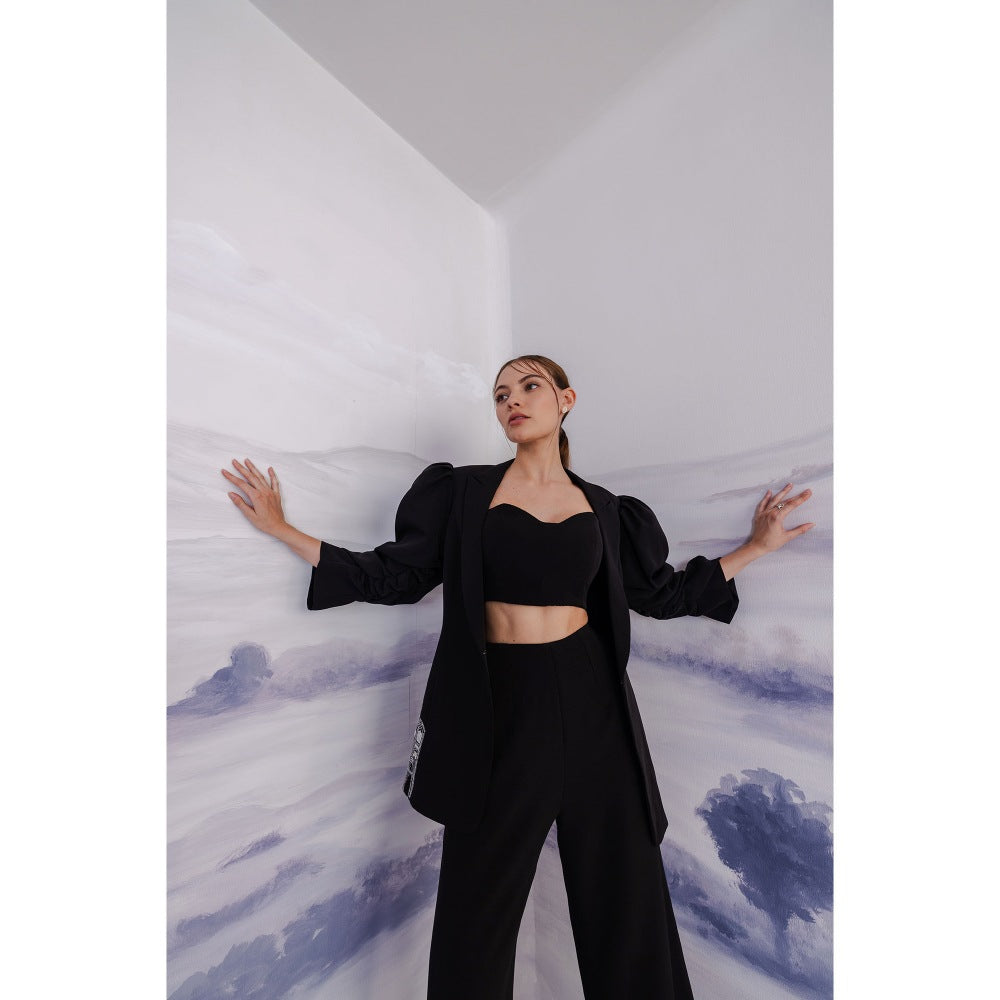 Orthodox Black Puff-Sleeve Blazer with Intricate Embroidery