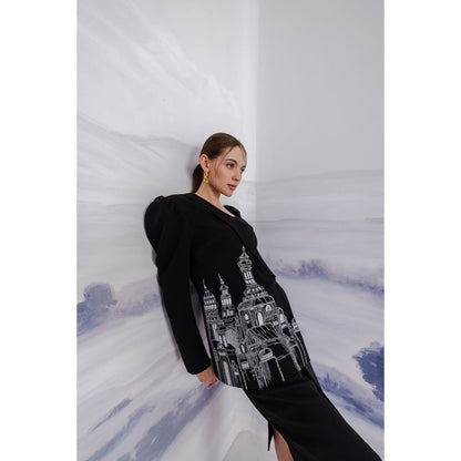 Orthodox Black One-Shoulder Blazer with Artistic Embroidery