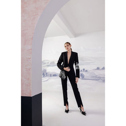 Orthodox Architectural Black Blazer with Bold Embroidery