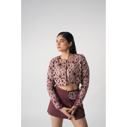 Orthodox Mauve Cutwork Intricate Self Design Cropped Jacket