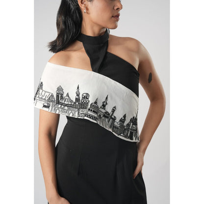 Orthodox Black Sleek Crepe Bodycon Dress with Halter Collar