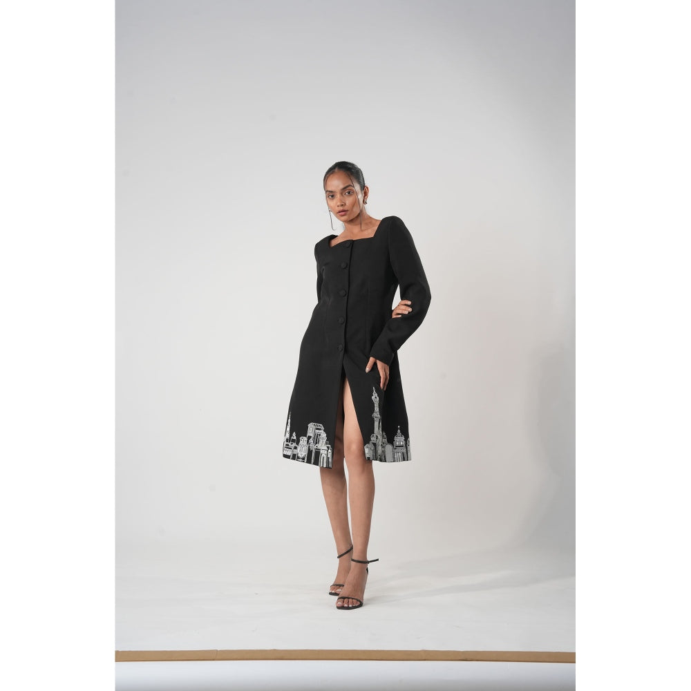 Orthodox Black Button-Down Dress with Urban Cityscape Embroidery