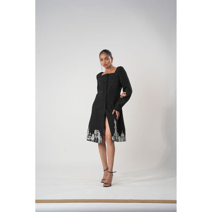 Orthodox Black Button-Down Dress with Urban Cityscape Embroidery